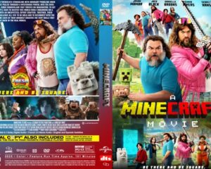 Front cover: Minecraft-themed movie DVD with a bearded man in a blue shirt and colorful characters; bold title 'A MINECRAFT MOVIE' and blocky imagery.