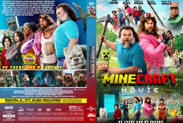 Front cover: Minecraft-themed movie DVD with a bearded man in a blue shirt and colorful characters; bold title 'A MINECRAFT MOVIE' and blocky imagery.