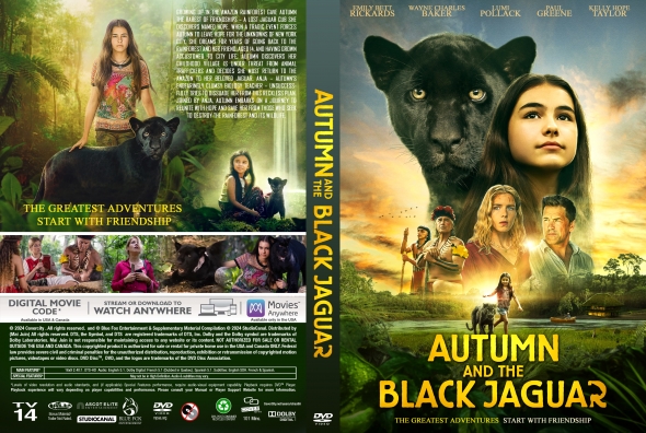 Movie poster for Autumn and the Black Jaguar featuring a young girl and a black jaguar against a jungle sunset, with supporting characters and bold yellow title graphic.