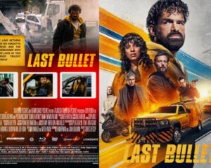 Two-panel movie poster for 'Last Bullet': the right side shows a diverse cast and a yellow taxi with colorful diagonal stripes; the left side is the back cover with stills and a plot blurb.
