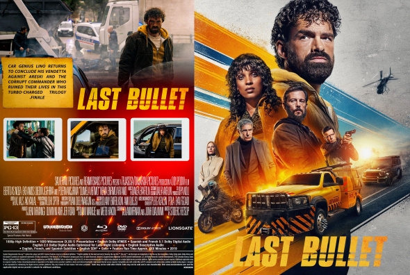 Two-panel movie poster for 'Last Bullet': the right side shows a diverse cast and a yellow taxi with colorful diagonal stripes; the left side is the back cover with stills and a plot blurb.