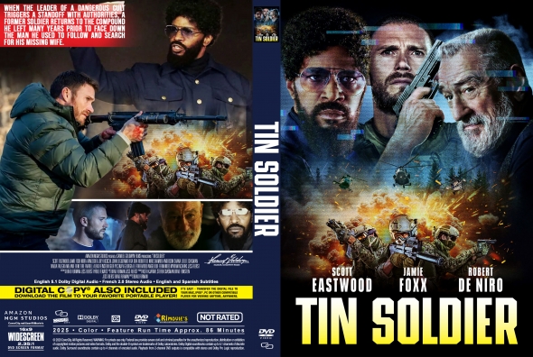 Front cover of Tin Soldier DVD: action scenes with a man aiming a gun, explosions, and the bold title Tin Soldier with cast names at the top-left.