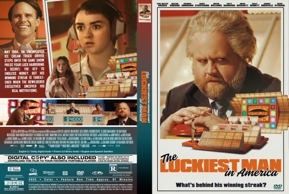 Front cover: The Luckiest Man in America featuring a bearded man at a game-show desk, with the title and tagline.