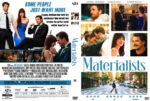 Double-panel DVD cover for the film Materialists, featuring a collage of scenes with a suited man and blue-dressed woman, and a city street image beneath the title.