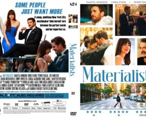 Double-panel DVD cover for the film Materialists, featuring a collage of scenes with a suited man and blue-dressed woman, and a city street image beneath the title.