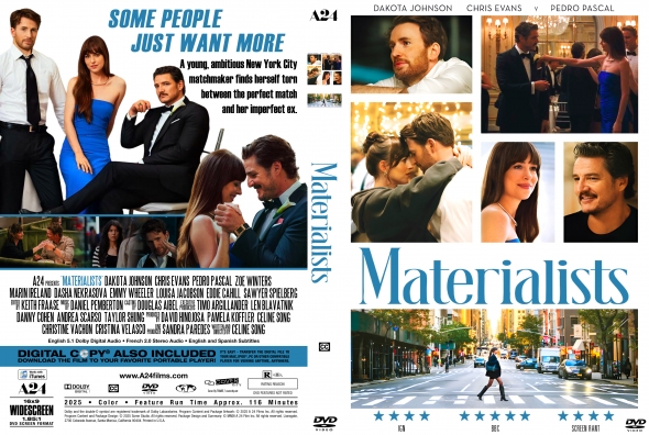 Double-panel DVD cover for the film Materialists, featuring a collage of scenes with a suited man and blue-dressed woman, and a city street image beneath the title.