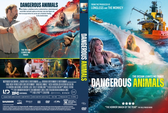 DVD cover for 'Dangerous Animals' featuring a man with a bloodied bucket and a woman in danger, ocean backdrop and bold title text on the right.