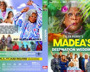Front and back DVD cover for Tyler Perry's Madea's Destination Wedding, featuring Madea in a tropical setting with a wedding party.