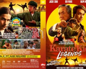 Dual DVD cover for Karate Kid Legends: left panel shows a young martial artist in a green robe with action scenes at sunset; right panel shows the title with older mentors and students in dynamic poses against a bold red-yellow background.