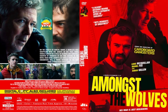Front/back DVD cover for Amongst the Wolves: red-tinted cover on the right with bold yellow title, and a collage of male faces on the left; back includes small scene images and text.