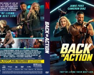 Movie cover for 'Back in Action' featuring Jamie Foxx and Cameron Diaz in action poses amid neon lights and a cityscape backdrop.
