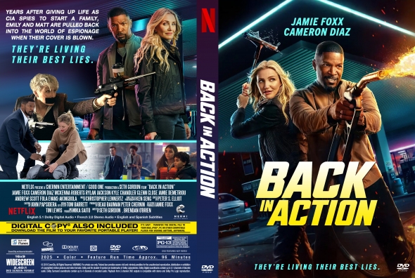 Movie cover for 'Back in Action' featuring Jamie Foxx and Cameron Diaz in action poses amid neon lights and a cityscape backdrop.