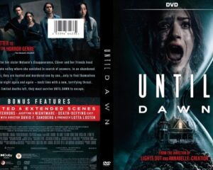 DVD case for the horror film 'Until Dawn': front shows a terrified woman and the title, spine text 'UNTIL DAWN'; back features a group of people, barcode, and a red 'Bonus Features' banner with film details.
