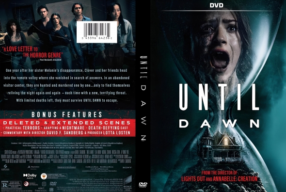 DVD case for the horror film 'Until Dawn': front shows a terrified woman and the title, spine text 'UNTIL DAWN'; back features a group of people, barcode, and a red 'Bonus Features' banner with film details.