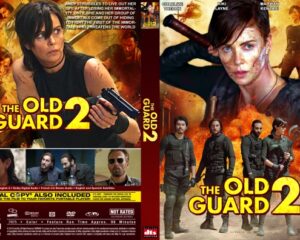 Two-panel poster for The Old Guard 2 featuring a female action hero with a gun, flames, and a squad of soldiers in the background.