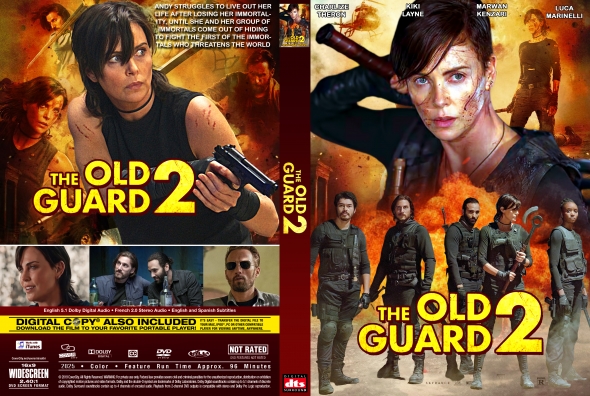 Two-panel poster for The Old Guard 2 featuring a female action hero with a gun, flames, and a squad of soldiers in the background.