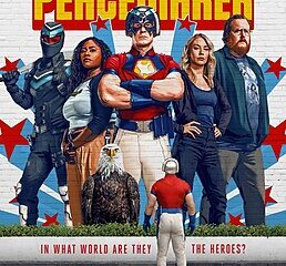 PeaceMaker poster with a diverse team of heroes posing together; a small man stands in the foreground before them; Aug 21 HBO Max release text remaining visible.