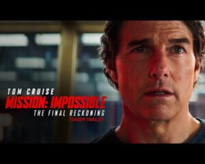 Close-up of Tom Cruise's face on a Mission: Impossible poster, with a bold red 'Mission: Impossible' title and 'The Final Reckoning' subtitle.