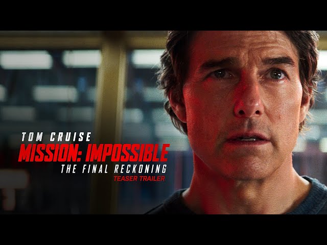 Close-up of Tom Cruise's face on a Mission: Impossible poster, with a bold red 'Mission: Impossible' title and 'The Final Reckoning' subtitle.