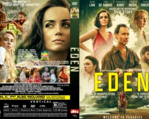 Two-panel DVD cover for Eden with jungle backdrop; bold yellow 'EDEN' on the right, featuring a man and several actors amid action scenes on both panels