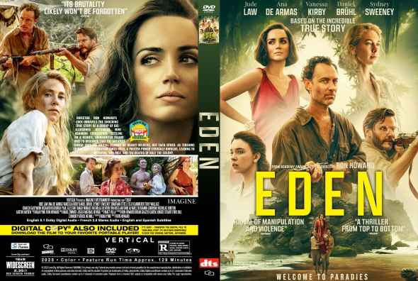 Two-panel DVD cover for Eden with jungle backdrop; bold yellow 'EDEN' on the right, featuring a man and several actors amid action scenes on both panels