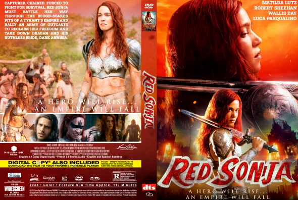 Red Sonja DVD cover featuring a red‑haired armored warrior with a sword, fiery background, collage of action scenes, and the title 'Red Sonja' with the tagline 'A hero will rise, an empire will fall.'
