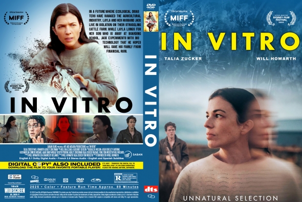 DVD cover for In Vitro with a woman in profile on the right, blue space background, bold yellow title In Vitro, cast Talia Zucker and Will Howarth, subtitle Unnatural Selection.
