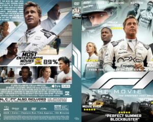 Two overlapping DVD covers: left features a collage of actors with 'Most Entertaining Movies' and '89%', right shows 'The Movie' with a race car and crew, implying action cinema.