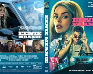 Front cover: a blonde woman with intense look beside a blue classic car, casino chips and the title 'Eenie Meanie' in pink letters.
