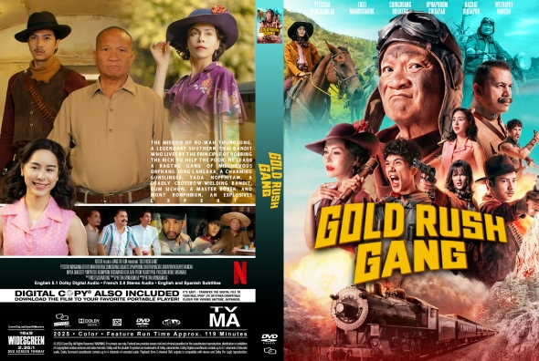 Movie poster for Gold Rush Gang featuring a diverse cast in western outfits, a train and desert background behind them, with the bold title across the front.