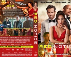 DVD cover for Red Notice with Dwayne Johnson, Ryan Reynolds, and Gal Gadot; Johnson in a tuxedo, Gadot in a red dress, Netflix branding.