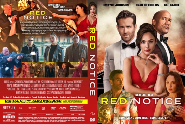 DVD cover for Red Notice with Dwayne Johnson, Ryan Reynolds, and Gal Gadot; Johnson in a tuxedo, Gadot in a red dress, Netflix branding.
