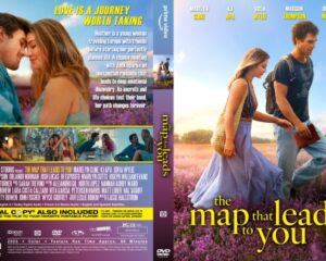 DVD cover for a romantic drama titled 'the map that leads you' featuring a couple walking through a lavender field at sunset.