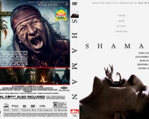 Double-sided DVD cover for the film Shaman: left panel shows a screaming man with a headdress and a wooden cross; right panel features a pale, blood-streaked face with antlers and the title SHAMAN on white.