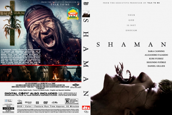 Double-sided DVD cover for the film Shaman: left panel shows a screaming man with a headdress and a wooden cross; right panel features a pale, blood-streaked face with antlers and the title SHAMAN on white.