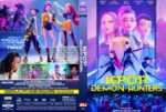 Front cover of a neon-lit poster for 'KPOP Demon Hunters' showing four stylized dancers against a blue-purple city backdrop. The title glows at the bottom.