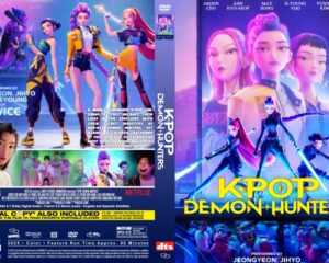 Front cover of a neon-lit poster for 'KPOP Demon Hunters' showing four stylized dancers against a blue-purple city backdrop. The title glows at the bottom.