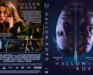 Front cover of the horror film 'Hallow Road' DVD showing two characters' faces with a neon title.