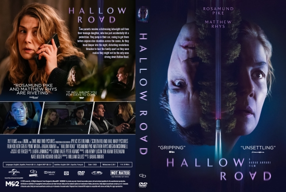 Front cover of the horror film 'Hallow Road' DVD showing two characters' faces with a neon title.