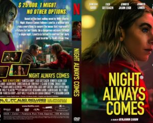 Night Always Comes movie poster: close-up profile of a woman against neon city lights and bold yellow title.