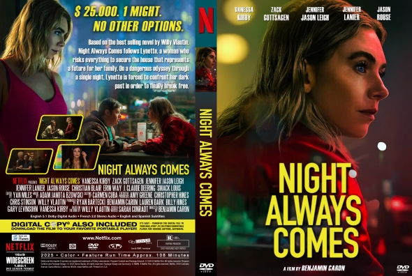 Night Always Comes movie poster: close-up profile of a woman against neon city lights and bold yellow title.