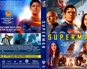 Front and back covers of a Superman movie DVD: front shows Superman in blue suit with other characters and a bold yellow 'SUPERMAN' title; back features scenes, quotes, and credits.