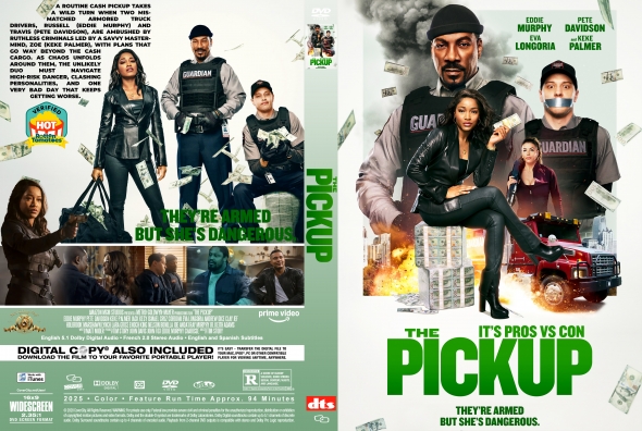 Poster for 'The Pickup' with armed characters, a woman seated on a man, money and a burning vehicle, bold green title.