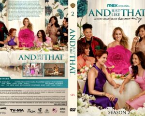 DVD cover for And Just Like That... Season 2 featuring a group of women at a lavish dinner party with a floral backdrop and the title text prominent on the cover
