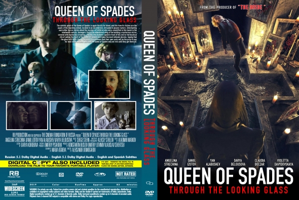 Front and back DVD cover for Queen of Spades: Through the Looking Glass; a girl on a staircase among glowing portraits.