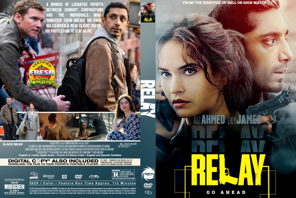 Movie poster for RELAY featuring Riz Ahmed and Lily James, with a gun and bold yellow title on the right; action/thriller vibe.