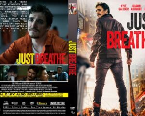 Movie poster for 'Just Breathe' featuring a man in an orange jumpsuit and a man in a leather jacket; bold red and yellow title