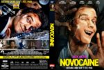 DVD cover for the film 'Novocaine': split image with a bloodied man on the left and a smiling, cracked-face woman on the right, bold yellow title across the bottom.