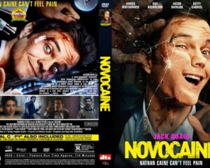 DVD cover for the film 'Novocaine': split image with a bloodied man on the left and a smiling, cracked-face woman on the right, bold yellow title across the bottom.