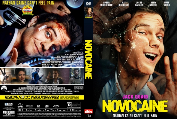 DVD cover for the film 'Novocaine': split image with a bloodied man on the left and a smiling, cracked-face woman on the right, bold yellow title across the bottom.